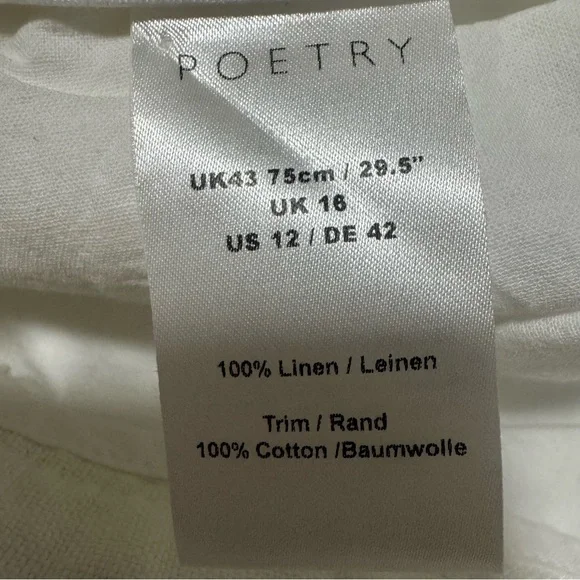 Poetry 100% Linen White Pants Women’s Size US 12